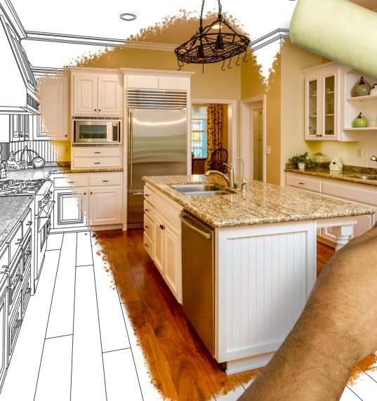 Before and After of Man Painting Roller to Reveal Newly Remodeled Kitchen Under Pencil Drawing Plans.